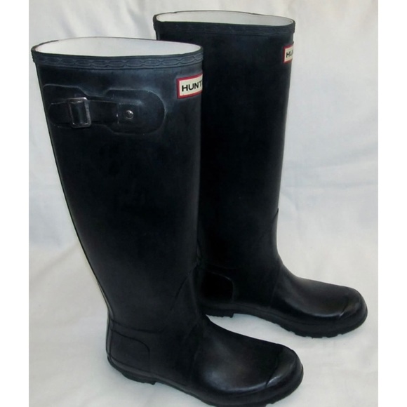 Hunter Black Matte Rubber Tall Rain Boots Rainboots Womens Size 8 Mens Size 7 - Picture 1 of 10